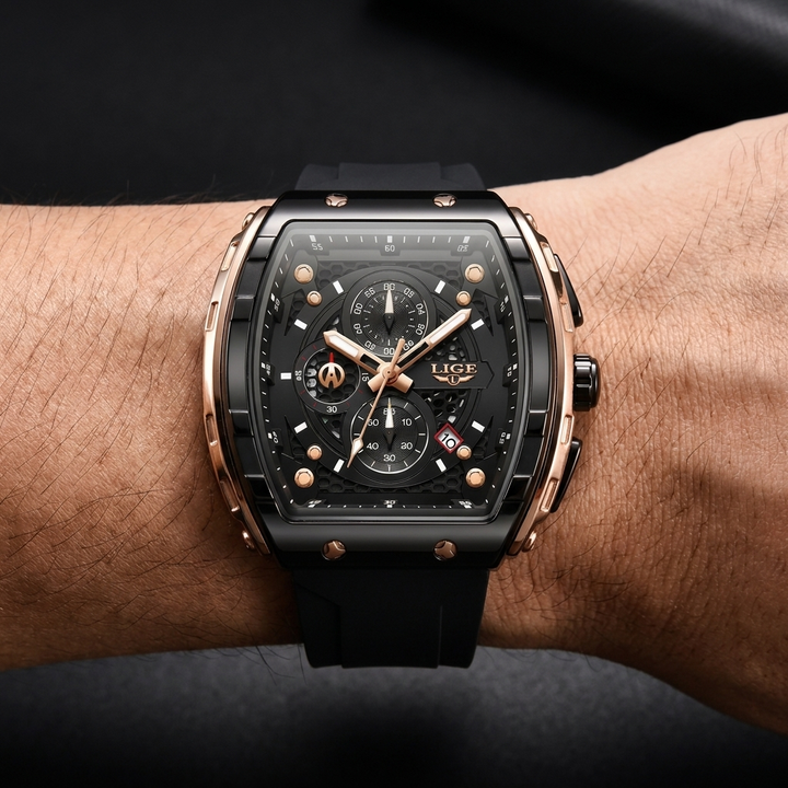 Sporty men's performance watch featuring a unique barrel dial, durable silicone strap, and water resistance.