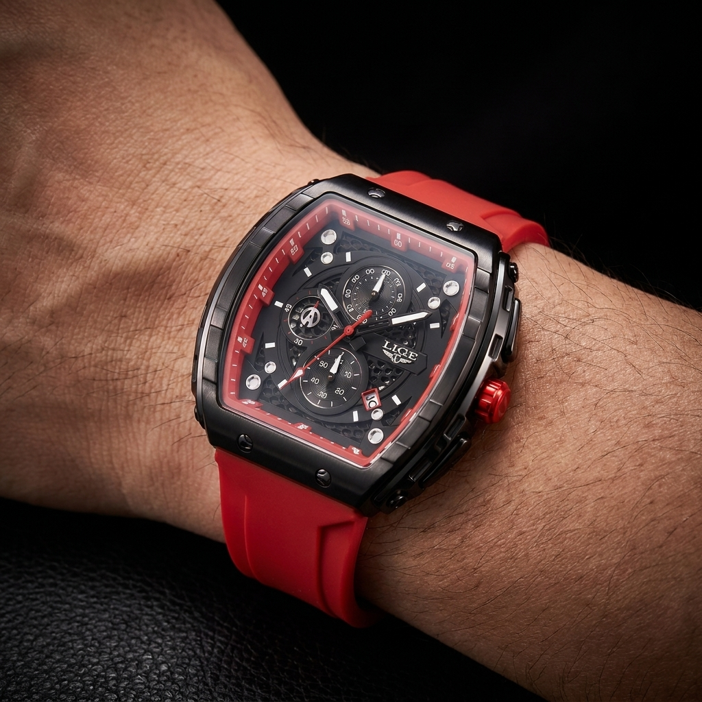 Stylish men's accessory: modern barrel dial watch with a comfortable black silicone strap for everyday wear.