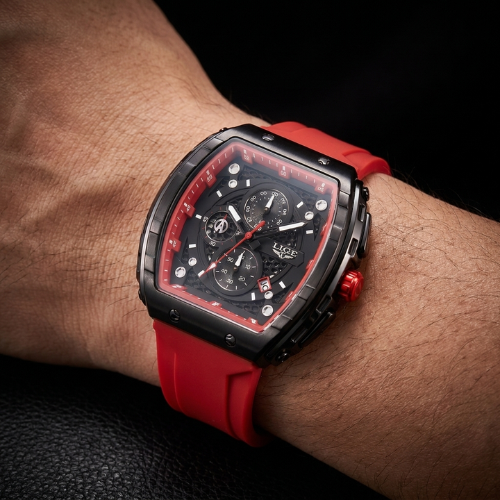 Stylish men's accessory: modern barrel dial watch with a comfortable black silicone strap for everyday wear.