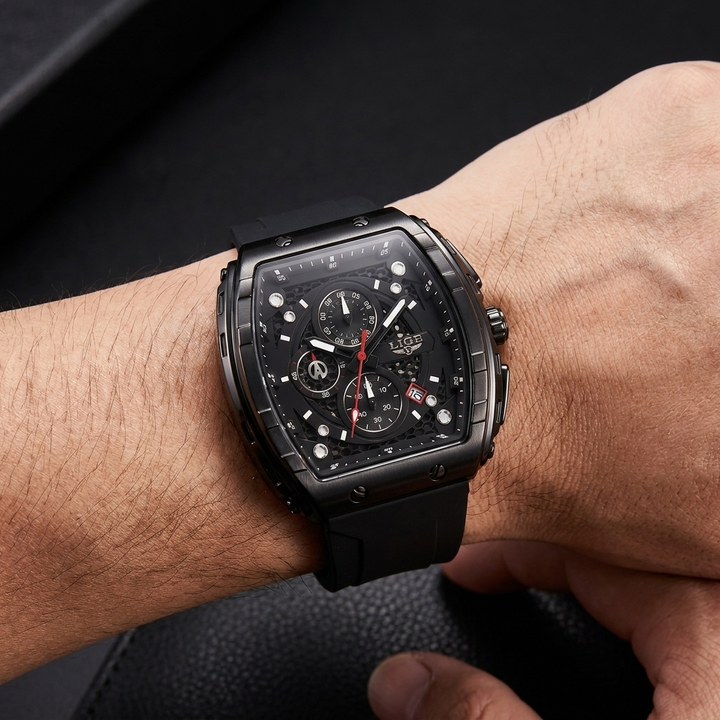 Men's performance watch: barrel dial, luminous hands for low light, calendar function, and silicone band.