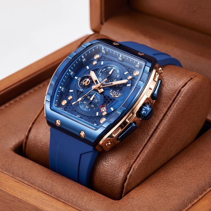 Durable men's sport watch with a unique barrel dial, water resistance, and a comfortable silicone strap.