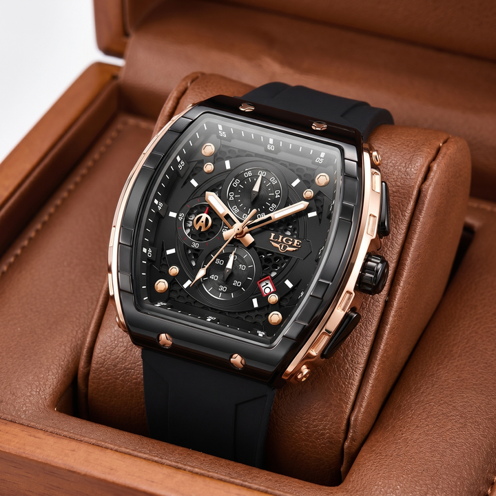 Stylish men's performance watch featuring a unique barrel dial, water resistance, and a silicone strap.