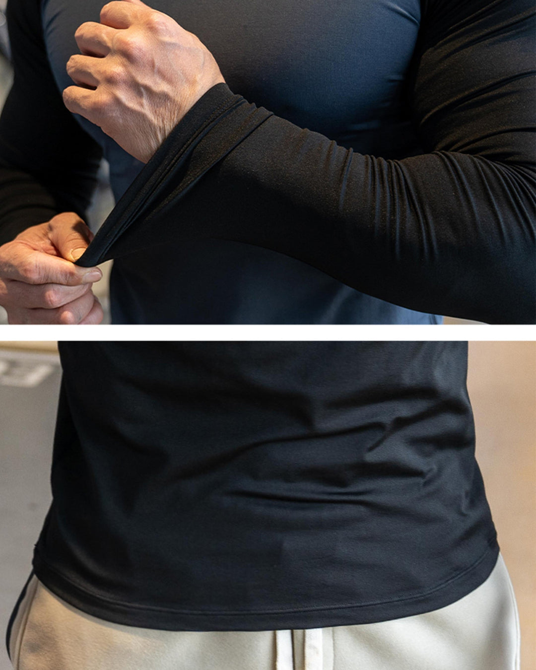 Men's Long Sleeve Gym Top, athletic shoulder cut, stretch comfort for any activity.