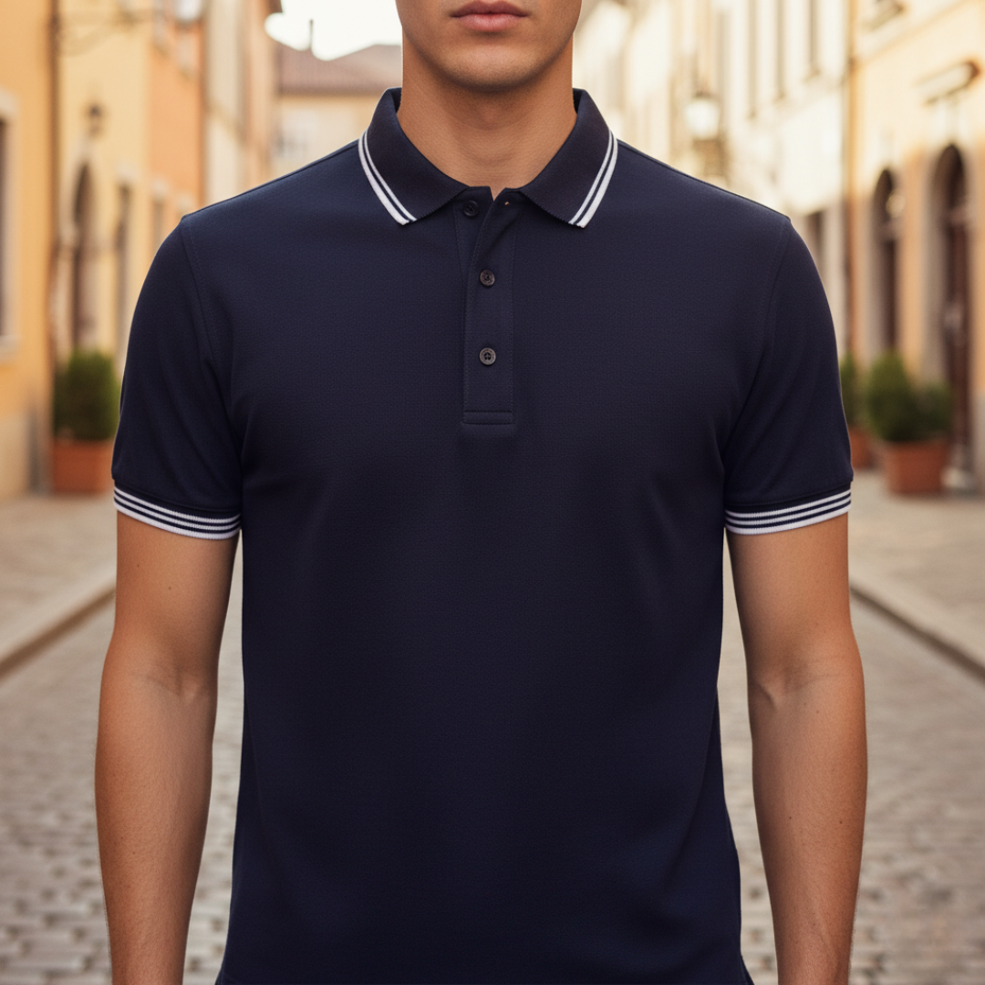 Men's performance tipped polo shirt for a stylish, cool & comfortable tailored fit.