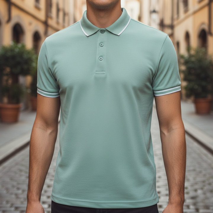Men's short sleeve performance tipped polo, offering cool comfort & versatile style.