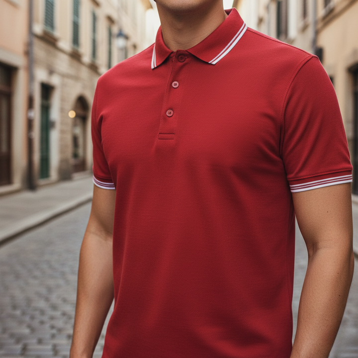Summer-ready men's performance polo, breathable & stylish with a modern tipped design.