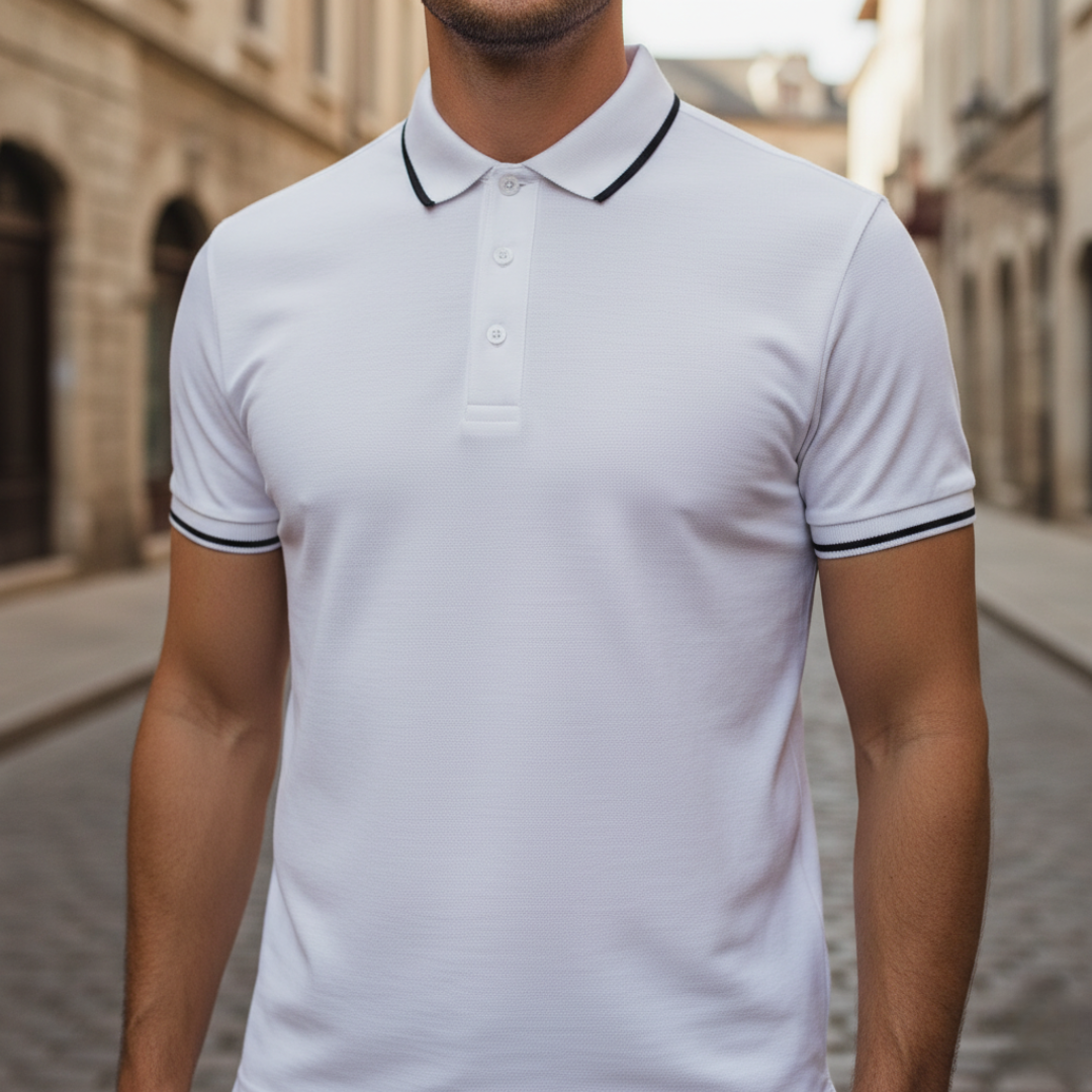 Modern men's tailored fit polo with tipped details, offering classic style & performance comfort.
