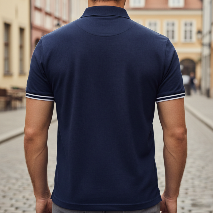 Classic men's short sleeve polo with tipped collar, ideal for casual wear & summer fashion.