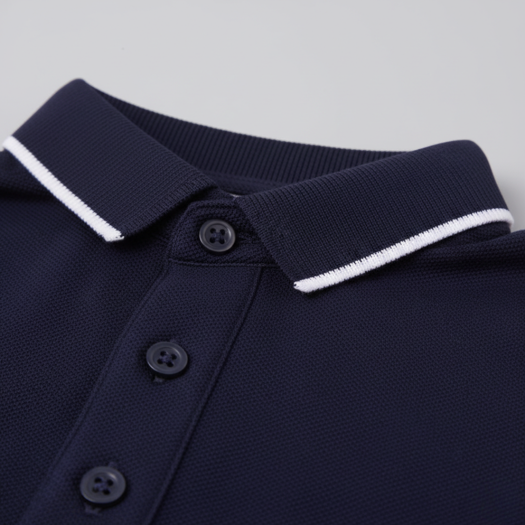 Tailored fit men's tipped polo, a comfortable short sleeve top for modern casual wear.