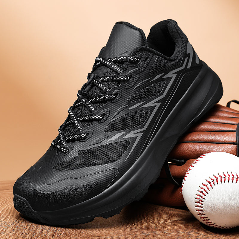 Front view of men's trail running shoes, emphasizing toe protection and flexible fit.