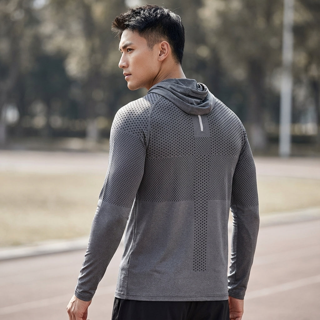Men's performance training hoodie in gray, perfect for athletic workouts and activewear.