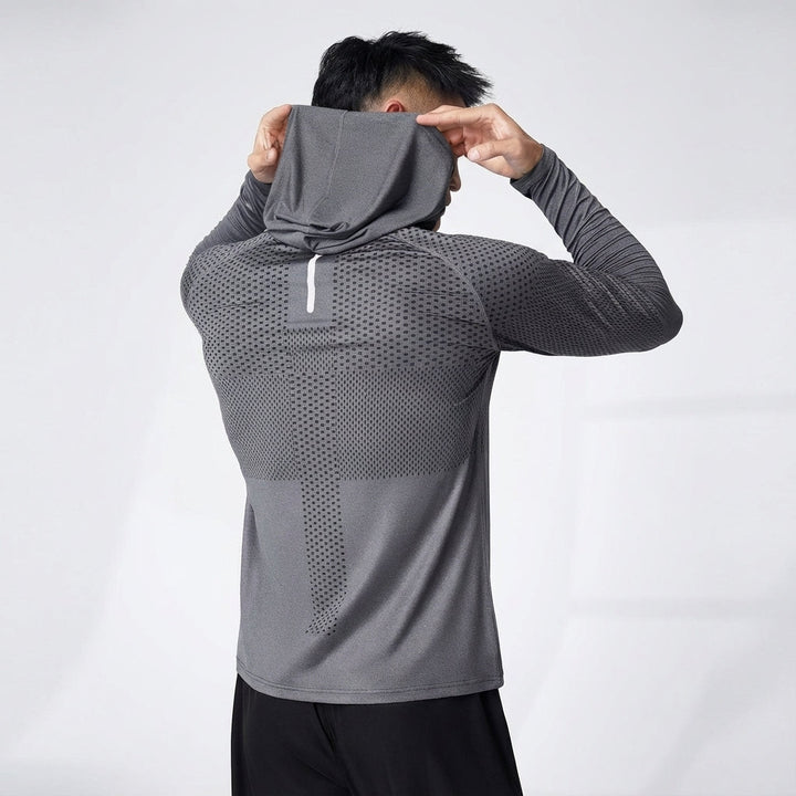 Gray long sleeve men's training hoodie, moisture-wicking for ultimate performance wear.