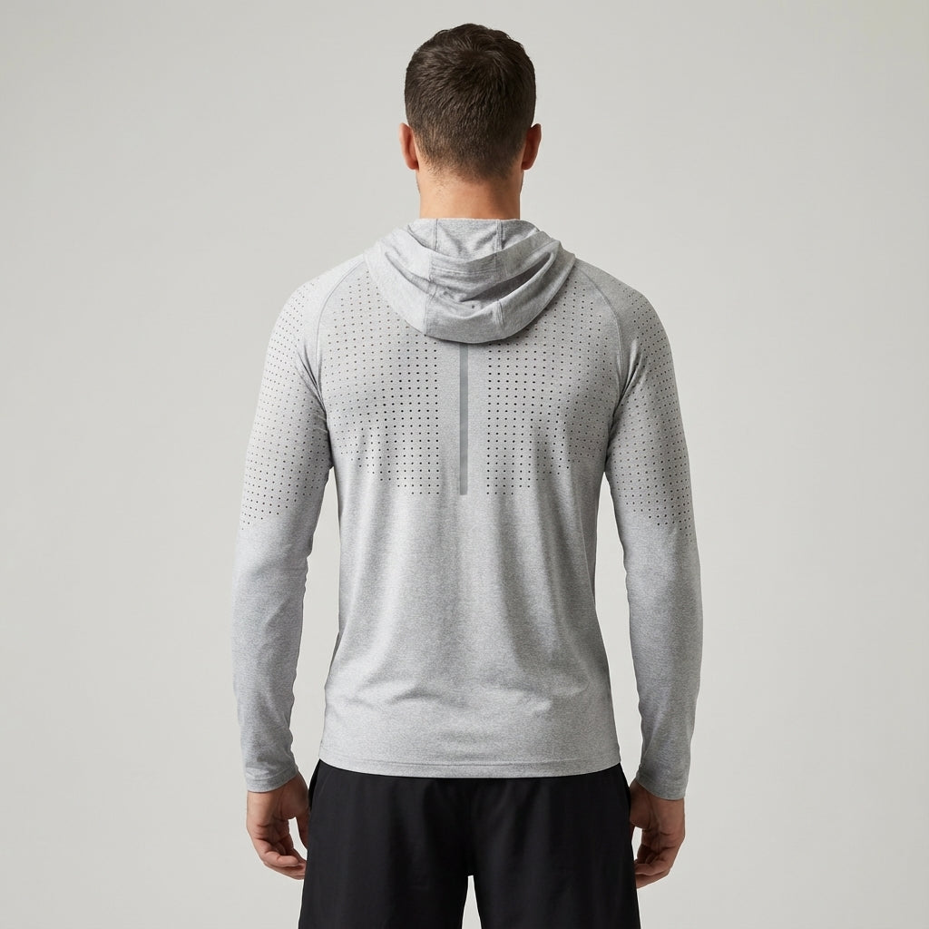 Close-up of the breathable fabric of a men's moisture-wicking training hoodie.