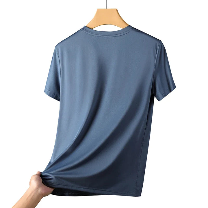 Back view of men's performance athletic t-shirt in black. Dry-fit moisture-wicking training top.