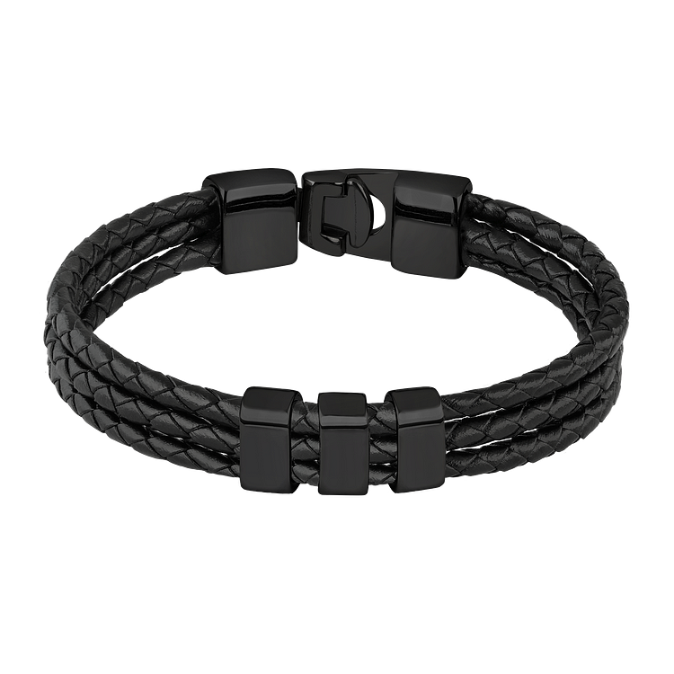 Fashionable men's leather bracelet featuring an engraved charm holder. A unique and customizable men's jewelry gift.