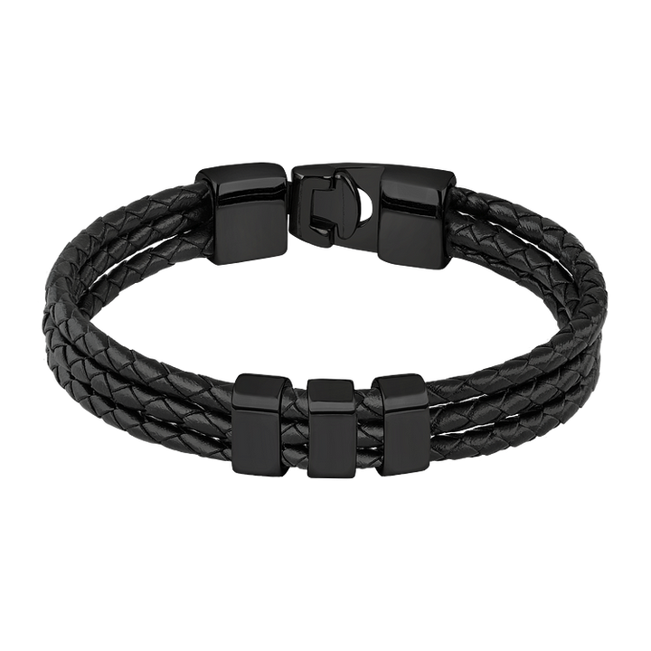 Fashionable men's leather bracelet featuring an engraved charm holder. A unique and customizable men's jewelry gift.