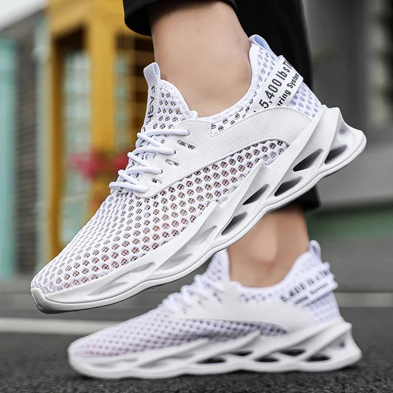 Men's Phantom Camo mesh running sneakers on a track, lightweight & breathable for outdoor athletic training.