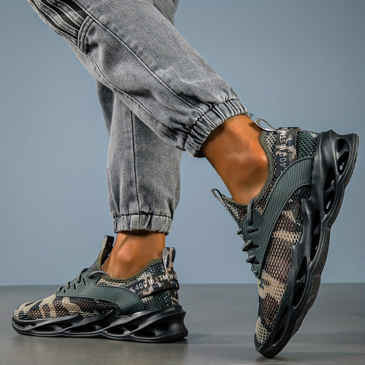 Cushioned men's camo running shoes with superior traction, mesh upper for athletic performance.