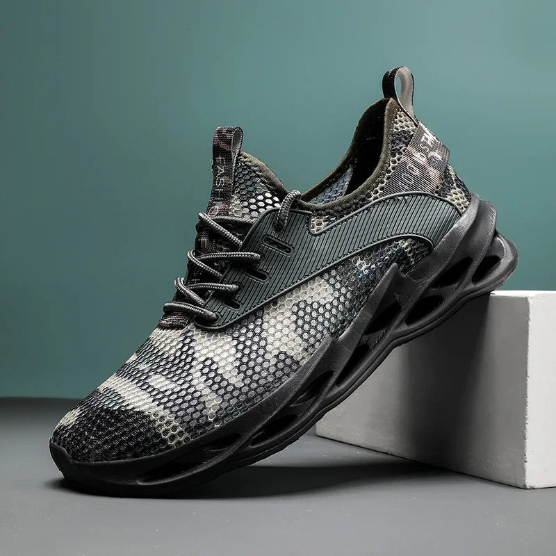 Side view of Men's Phantom Camo mesh running sneakers, showcasing lightweight design & durable sole.