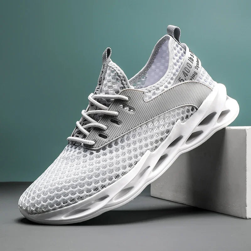 Top view of breathable men's camo mesh trainers, ideal athletic footwear for runners & sports.