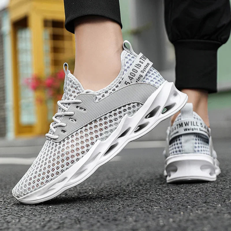 Men's Phantom Camo mesh running shoes in action, providing comfort & support for athletes.