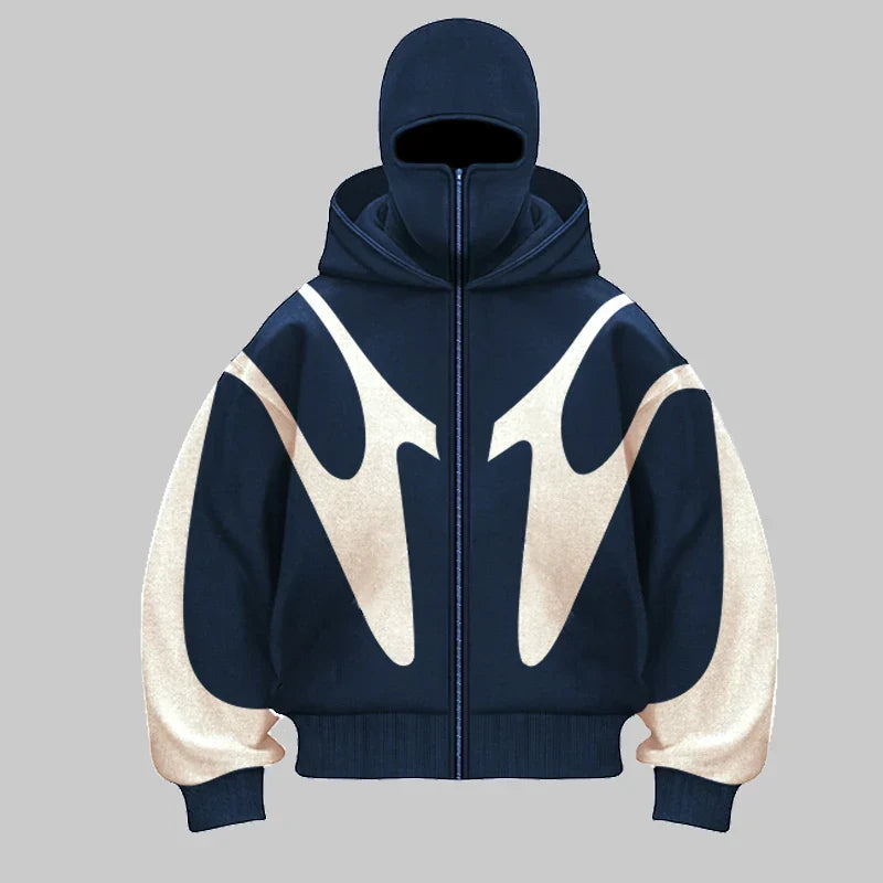 Men's Phantom Shield Balaclava Hoodie. Black spliced design, urban stealth style & wind-resistant warmth for comfort.