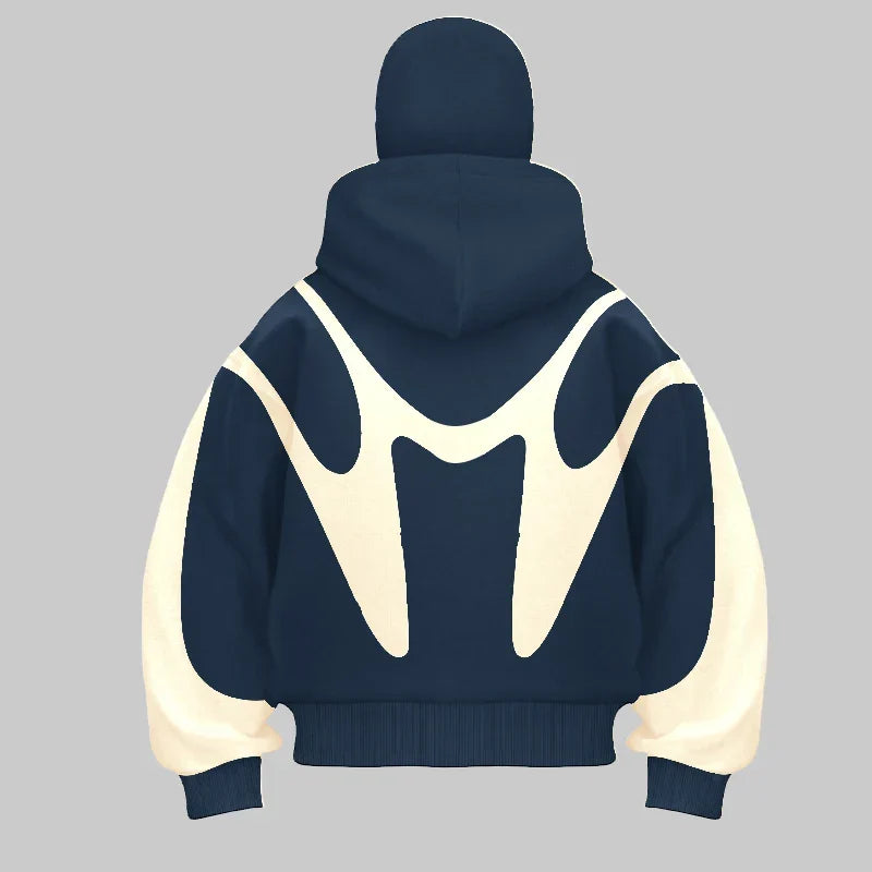 Graphic men's balaclava hoodie featuring unique spliced design for stealth urban fashion, warmth & comfortable wear.