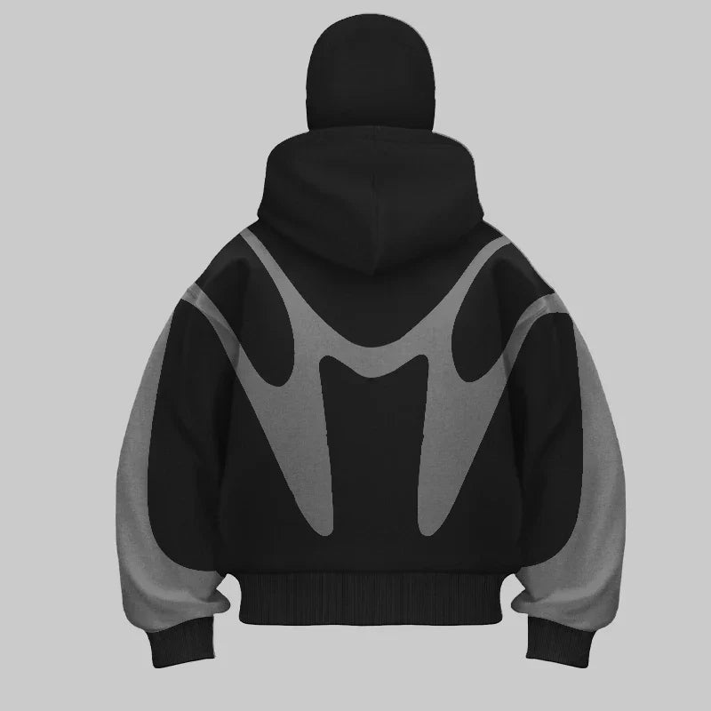 Stealth black men's balaclava hoodie. Modern spliced design, ideal for urban fashion, warmth & comfortable casual wear.