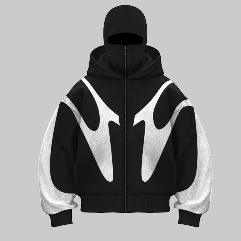 Man in a black Phantom Shield balaclava hoodie, showcasing spliced design, urban stealth style & comfortable men's apparel.
