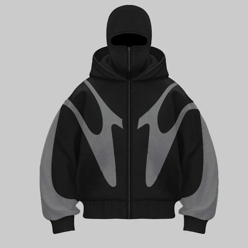 Warm men's Phantom Shield hoodie with integrated balaclava, offering wind resistance, comfort & a stealth urban look.
