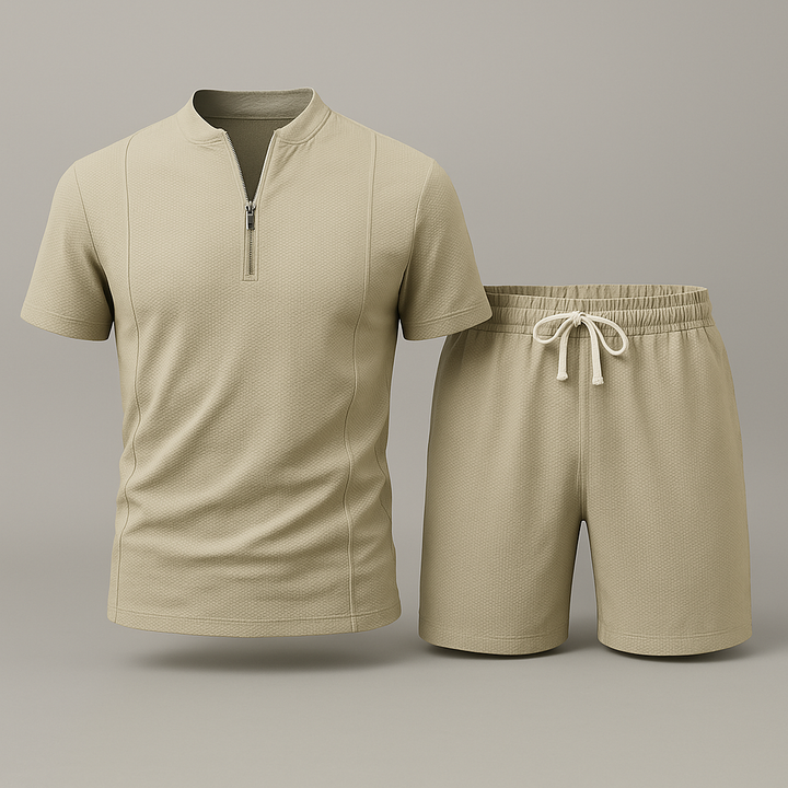 Men's piqué knit lounge set with zip collar and shorts for ultimate casual comfort.