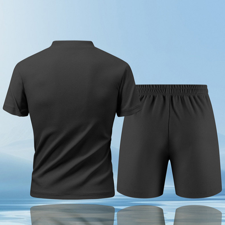 Modern men's loungewear: zip collar piqué knit top paired with matching comfortable shorts.