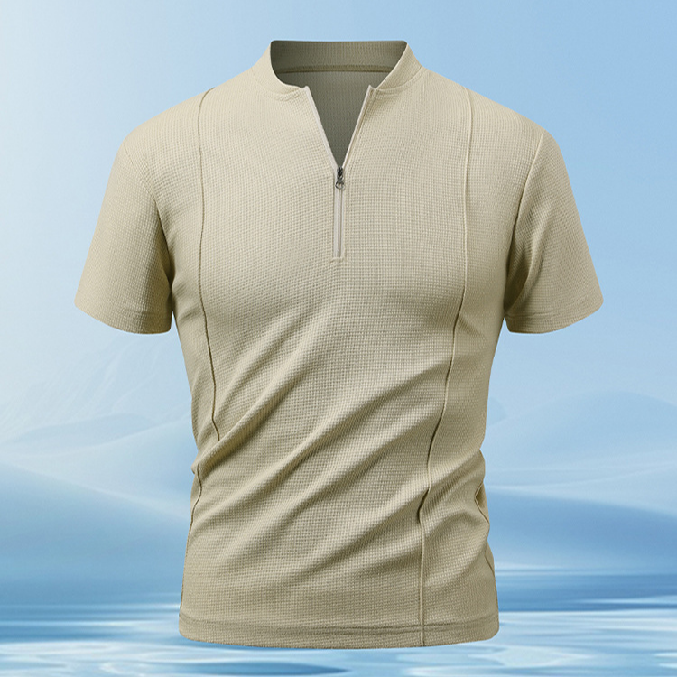 Comfortable men's loungewear set: piqué knit shirt with zip collar and matching casual shorts.