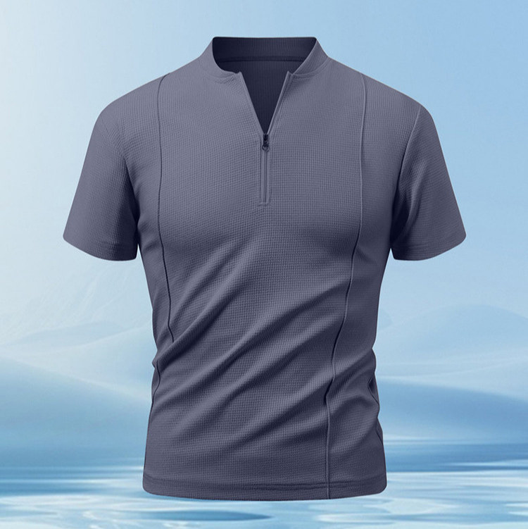 Full view of a men's comfort wear piqué knit lounge set, including zip collar top & shorts.