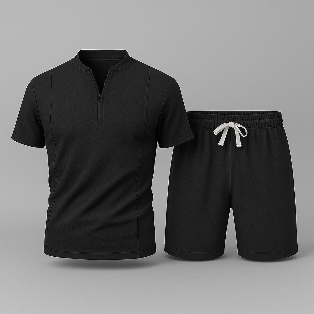 Men's breathable piqué knit shorts and zip collar top for a relaxed yet sporty ensemble.