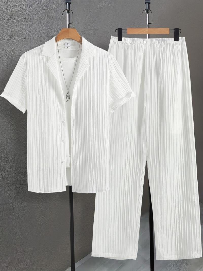 Men's pleated knit lounge set, a comfortable two-piece outfit in a soft, breathable fabric for relaxed casual wear.