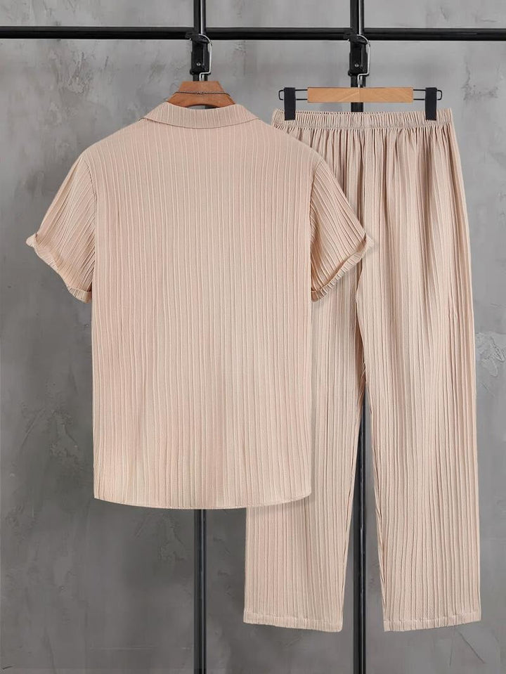 Full shot of a Men's Pleated Knit Lounge Set, showcasing its casual design, soft knit fabric, and comfortable wide-leg pants.