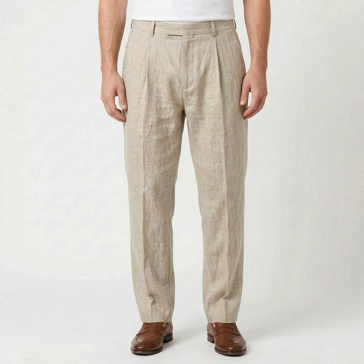 Modern men's smart casual trousers, featuring pleats and a relaxed fit for contemporary style.