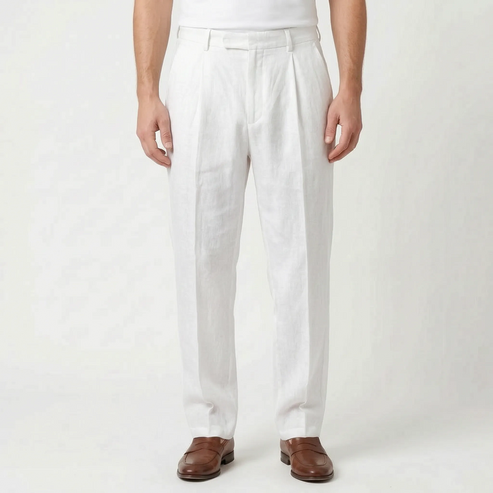 Men's pleated trousers offering a relaxed style and comfortable fit for any smart casual occasion.