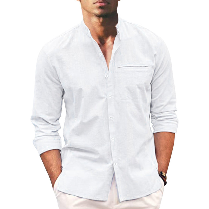 Front view of men's plus size summer casual linen blend shirt