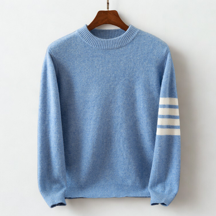 Men's plush cozy winter sweater with sporty sleeve stripes, perfect for casual warmth & style. Pullover comfort.