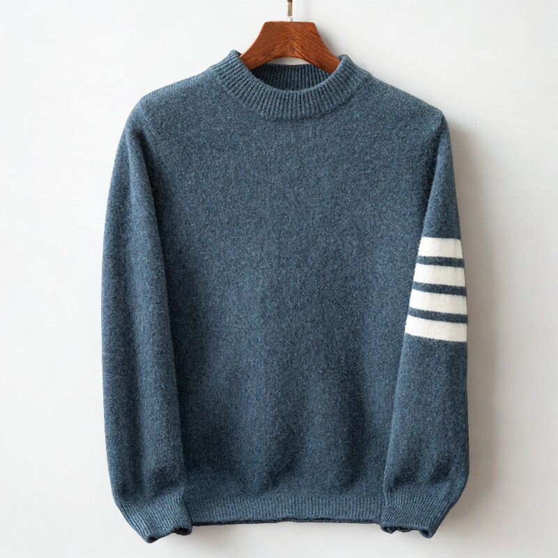 Cozy men's plush pullover sweater, ideal for autumn & winter. Features stylish sporty sleeve stripes for casual wear.