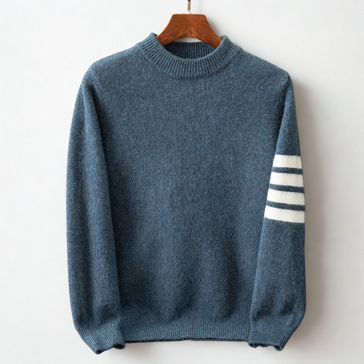 Cozy men's plush pullover sweater, ideal for autumn & winter. Features stylish sporty sleeve stripes for casual wear.