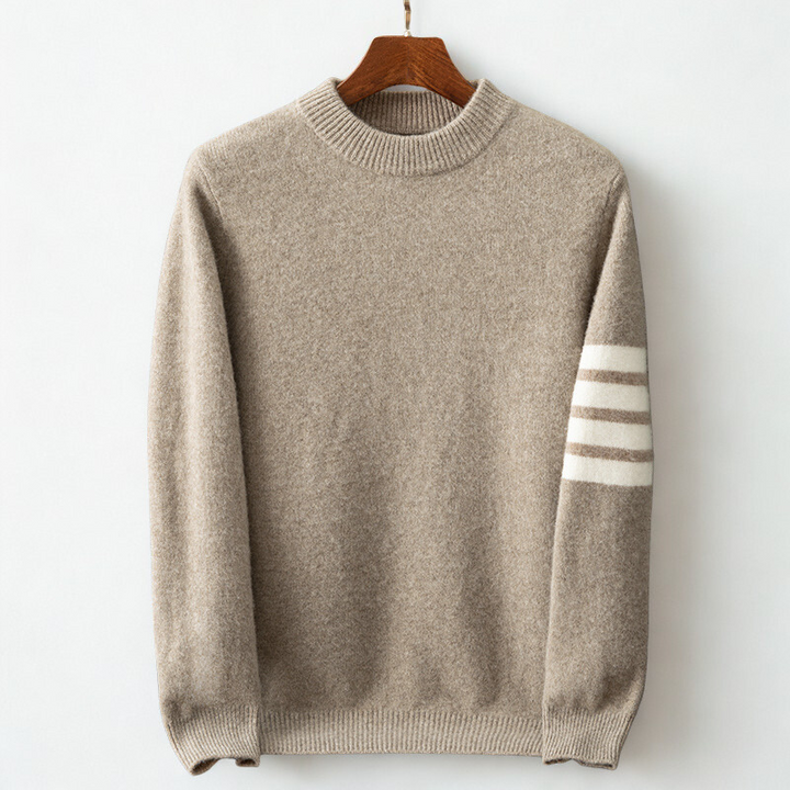 Stylish men's plush sweater with sporty sleeve stripes. Warm & comfortable pullover, great for casual autumn/winter fashion.