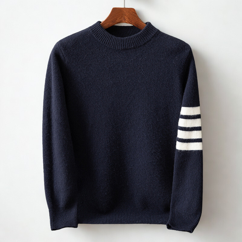 Soft plush men's sweater featuring sporty sleeve stripes. Warm & cozy pullover, a stylish choice for winter comfort.