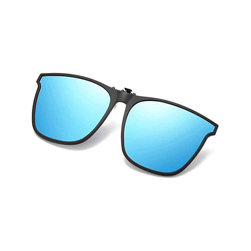 Men's polarized flip-up sunglasses clip, blue lens. UV protection & glare reduction for driving.