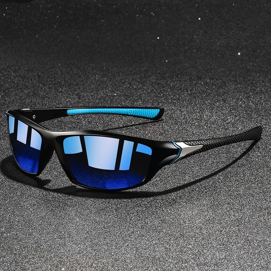 Black men's polarized mirror wraparound sport shades, offering UV protection for cycling, running & active wear.