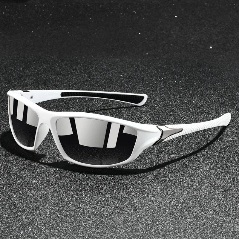 View of men's sport shades, polarized mirror wraparound design, perfect for running, cycling, and active UV protection.