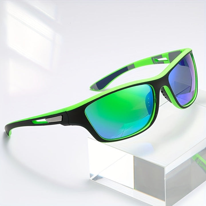 Active man wearing polarized sports sunglasses outdoors for cycling & running.