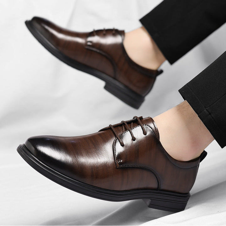 Side view of comfortable men's polished brown dress shoes, ideal for long hours in formal settings.